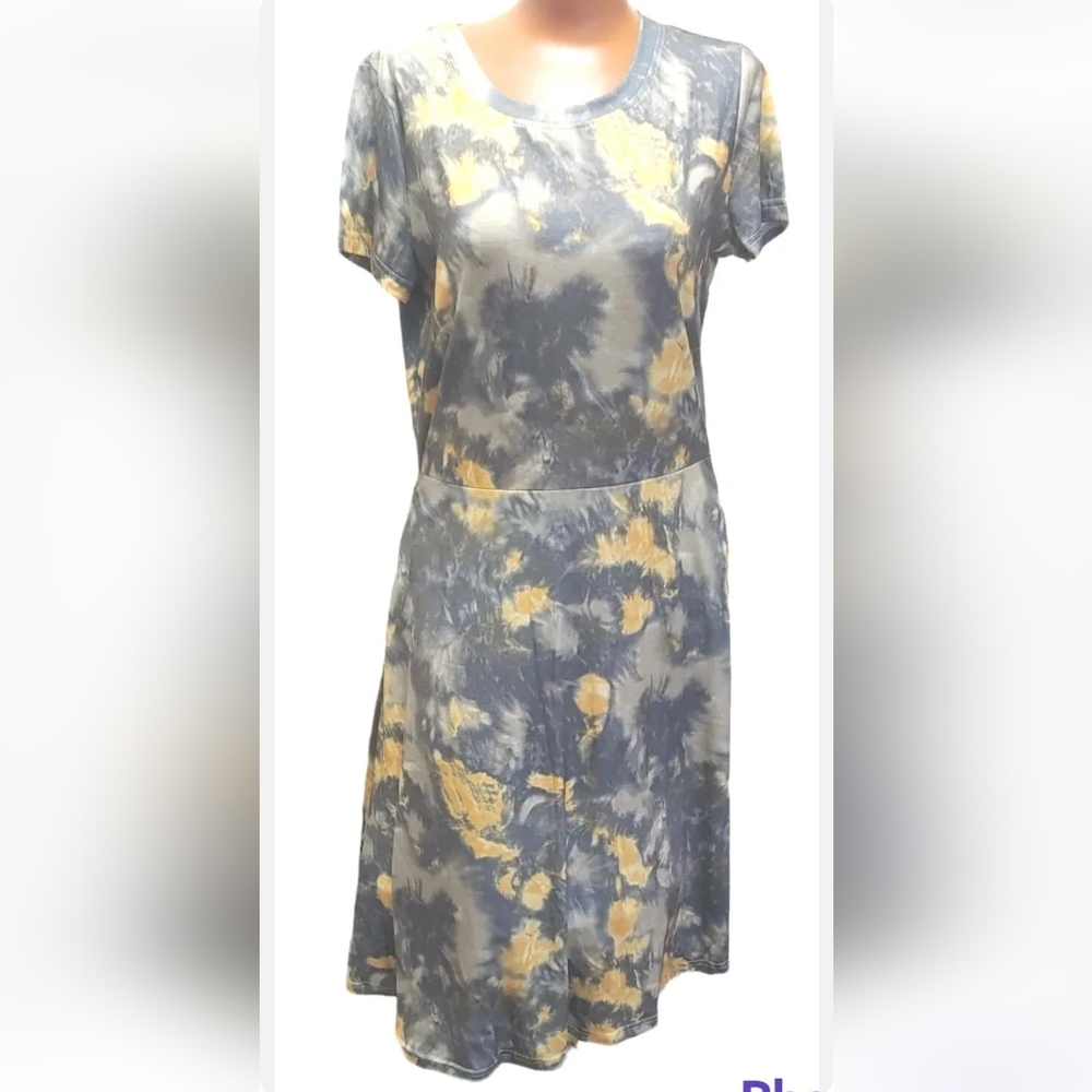 Oxiuly Fashion Space Dye Slate Yellow Grey Skater Dress Boho Hippie Fit & Flare